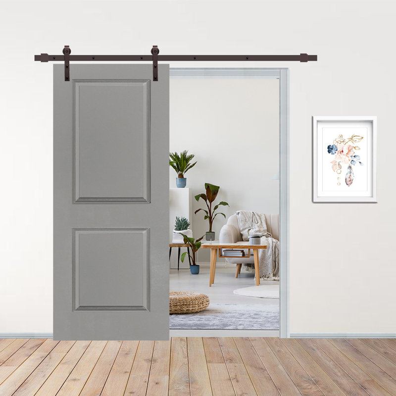 36 In. X 80 In. Light Grey Painted Finished Composite MDF 2 Panel Interior Sliding Barn Door With Hardware Kit, Brown