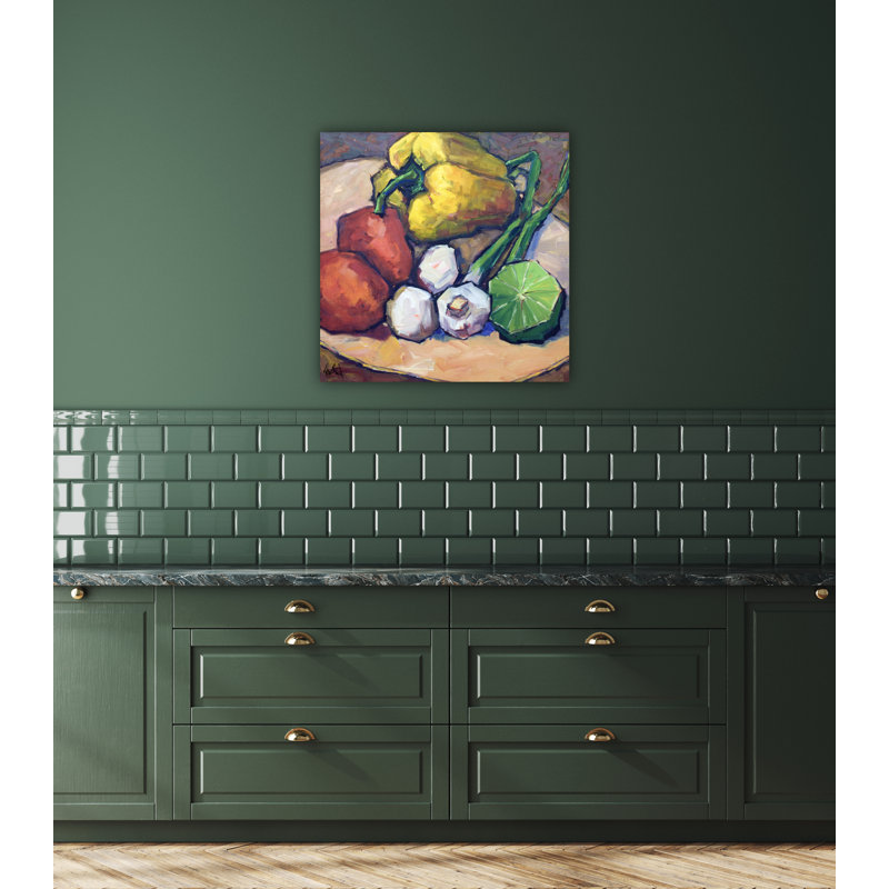 Poivrons, limes et champignons - reproduction d'artiste sur toile, Cadre flottant brun, H 26 po x l 26 po x P 2 po