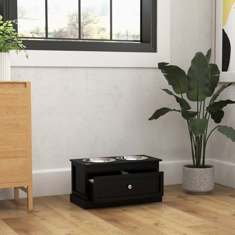 Black Elevated Dog Bowls with Storage Drawer and Stainless Steel Bowls