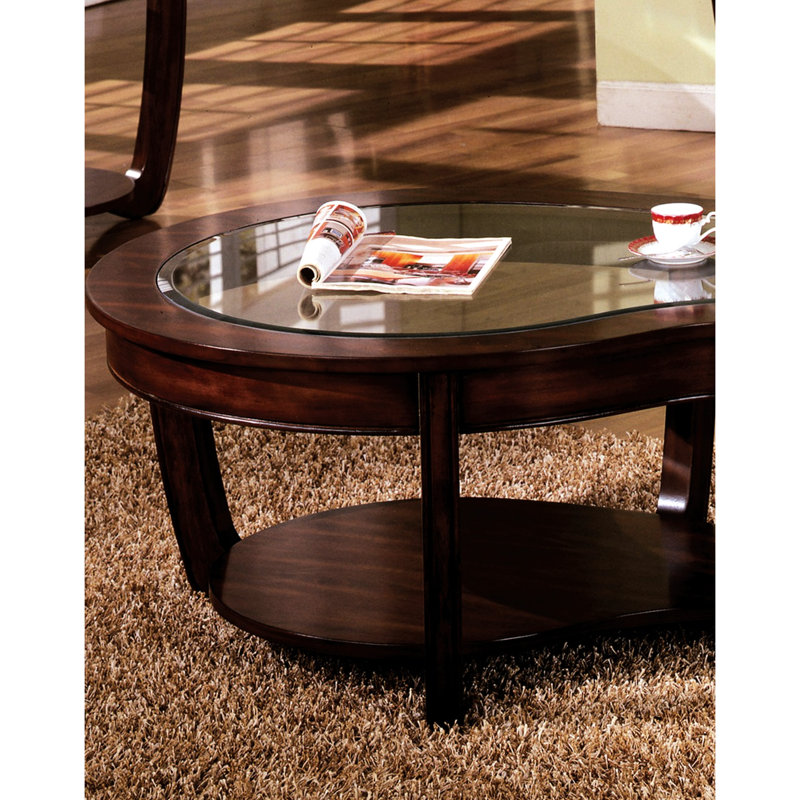 Dark Cherry Coffee Table With Solid Wood And Tempered Glass Open Shelf Contemporary Base Insert