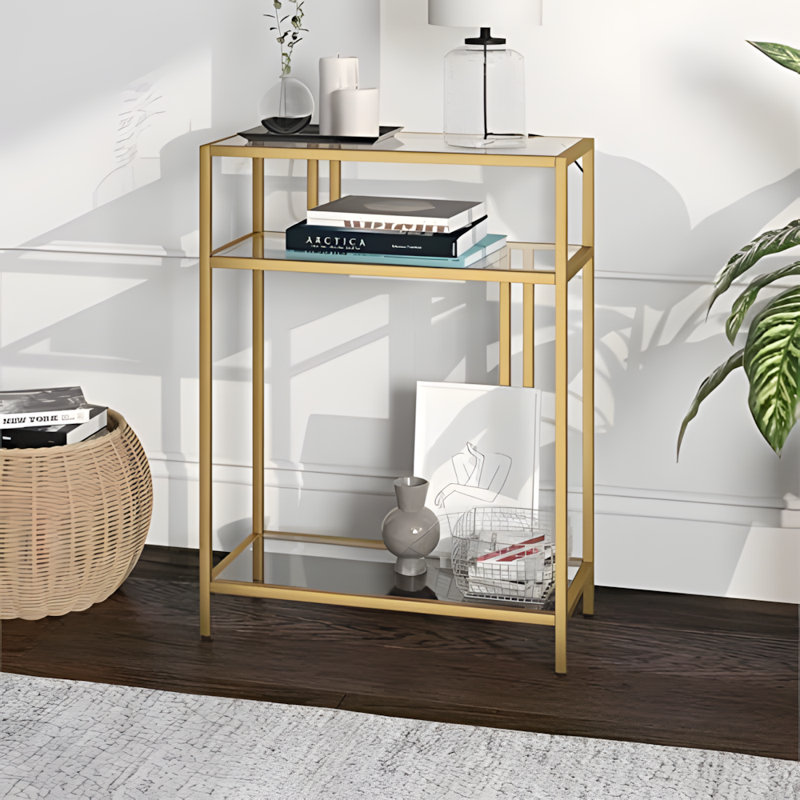 Modern Rectangular Console Table With Tempered Glass Shelves And Steel Frame, Entryway Accent Table For Living Room Or Hallway