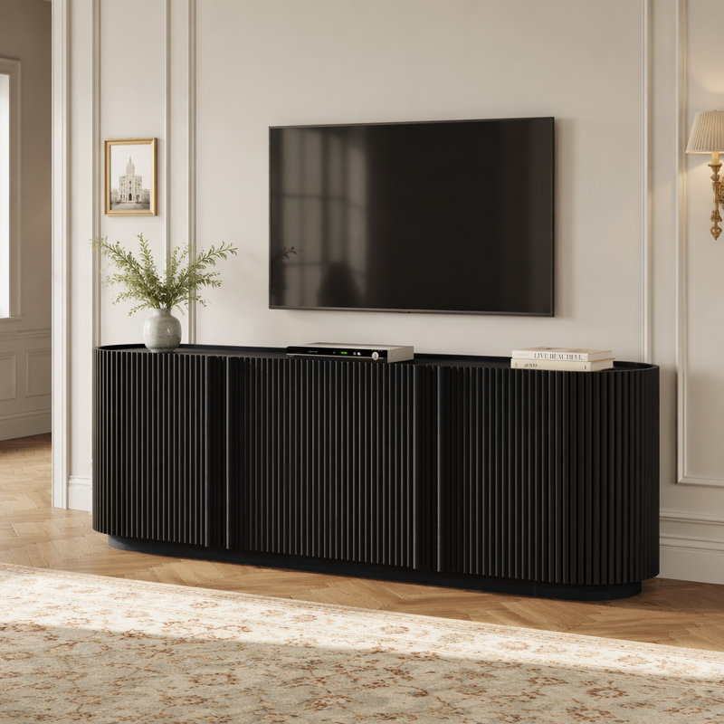 Meuble télé Mid-Century avec portes tambour rondes et tablettes réglables, Black