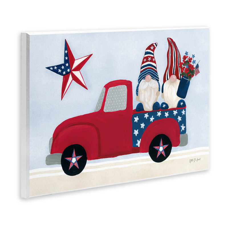 «Gnomes patriotiques dans un camion», art mural sur toile par Yvette St. Amant, H 10 po x l 15 po