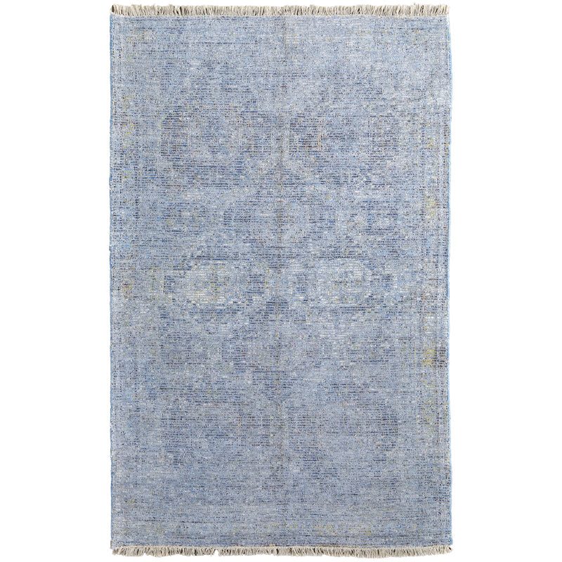 Tapis en laine noué à la main beige / viscose / gris clair / bleu classique Auni, Rectangle 7 pi 6 po x 9 pi 6 po