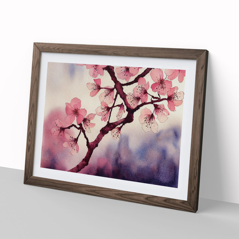 Cherry Blossom Flower Watercolour Vol.3 1 Piece Single Picture Frame Painting, 46cm H x 64cm W x 2cm D, Walnut