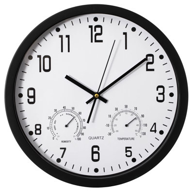 Ebern Designs 14-inch Non-ticking Quartz Wall Clock With Thermometer & Hygrometer - Battery Operated Plastic Analogue Clock For Temperature & Humidity Monitoring - Ideal For Home, Office Or School, Black