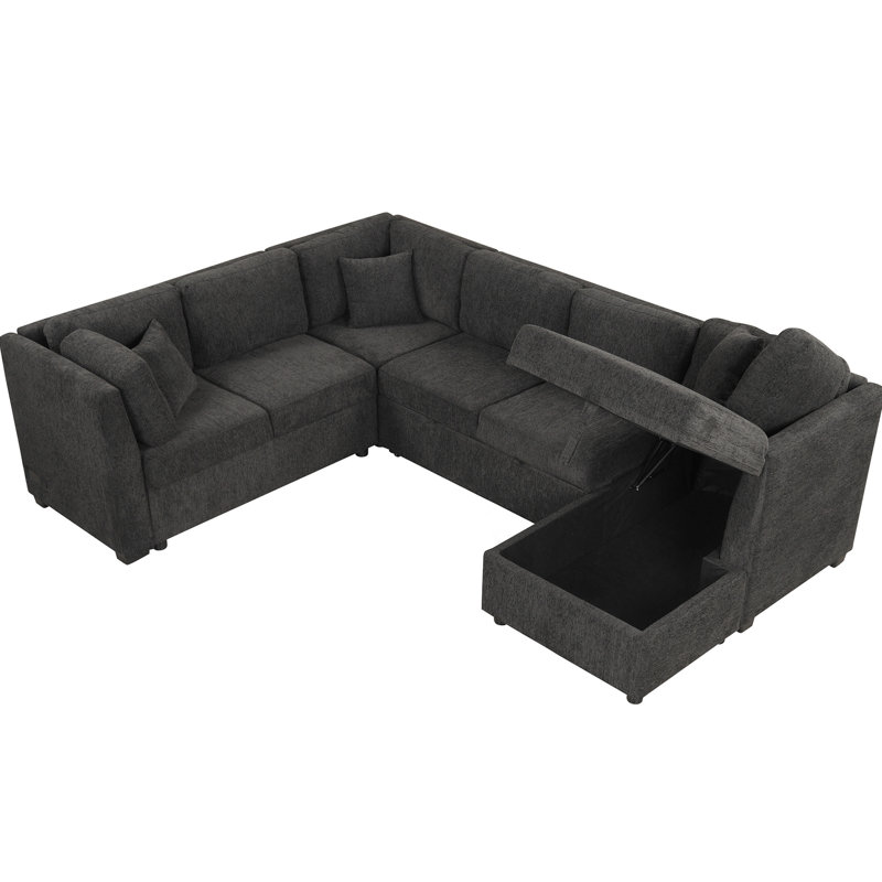 Canapé modulaire en U 108,6 po avec lit et rangement, 2 ports, prises de courant, tissu en chenille noir et revêtement