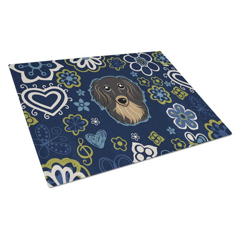 Caroline's Treasures Tempered Glass Flowers Cutting Board, Longhair Black and Tan Dachshund