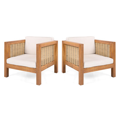 Ensemble de 2 fauteuils club d'extérieur, structure en bois d'acacia avec accoudoirs en osier et coussins beiges, capacité de 400 lb