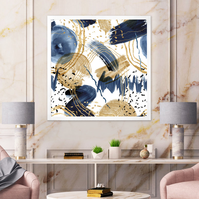 Motif abstrait avec textures bleu foncé et or - peinture sur toile à cadre flottant, H 36 po x l 36 po x 1,5 po