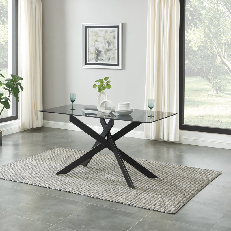 Tewksbury Glass Top Metal Base Dining Table, Black, Black
