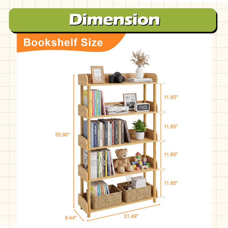 Bibliothèque à 5 niveaux en bois, bibliothèque autoportante avec tablettes de rangement ouvertes et pieds en bois massif, bibliothèque moderne pour le bureau à domicile, le salon