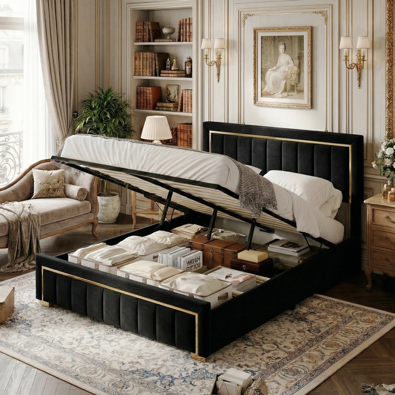 EU Double/King Velvet Ottoman Bed with Fluted Gold-Trim Headboard, Luxury Gas-Lift Storage Bed, Beige/Black, 140/160x200cm