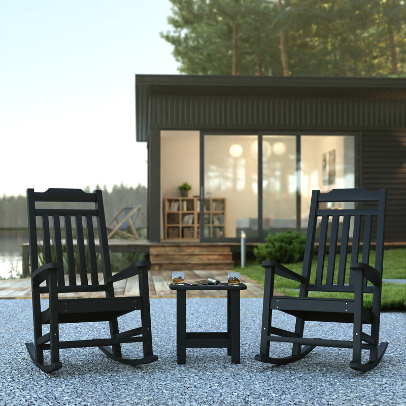 3 Piece Set All-Weather Poly Resin Rocking Chairs with Accent Side Table, Black