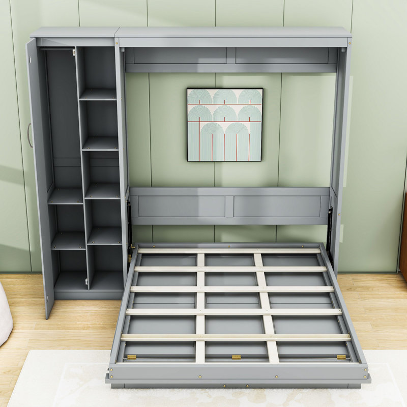 Lit escamotable double avec tablettes, garde-robe et lumières DEL, gris