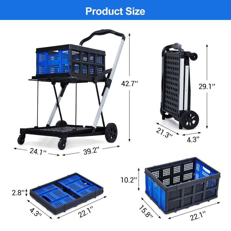 Shopping Cart, Foldable Grocery Cart with Wheels and Removable Storage Crate, Multi Use Mobile Storage Cart Portable Rolling Cart for Home, Groceries, Supermarket