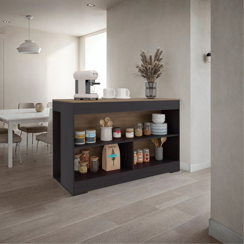 Worland, îlot de cuisine avec rangement ouvert et tablettes polyvalentes, wengé