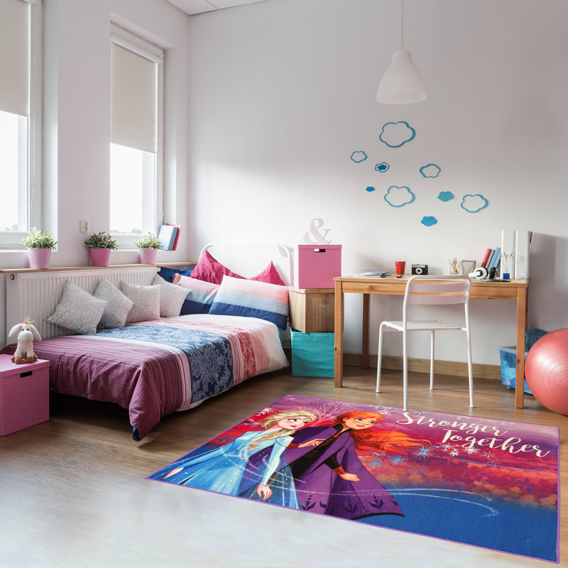 Licensed Disney Frozen's Elsa and Anna 'Stronger Together' Pink Blue Easy Care Non-Slip Polypropylene Youth Area Rug, 4'6"x6'6"