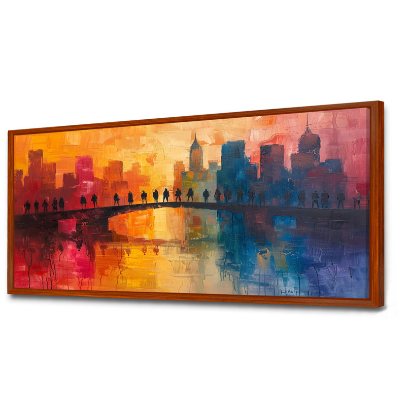 «Red Blue City City Skyscrapers - Bridges», reproduction d'art murale, Toile avec cadre flottant brun