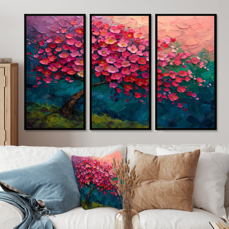 «Rose Cherry», art mural cerisier rose et bleu, H 28 po x l 36 po x P 1 po, Toile avec cadre flottant noir