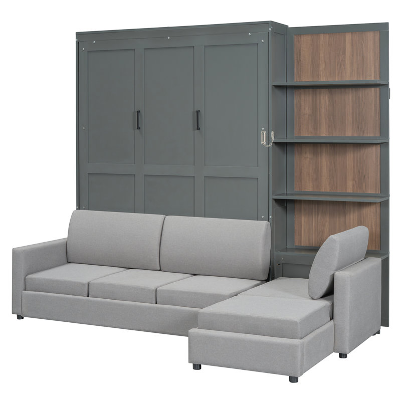 Grand lit escamotable mural avec canapé et tablettes, gris, Gris
