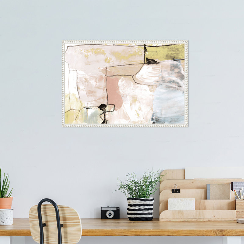Abstract Pastels Graphic Art on Canvas with White Beaded Frame
