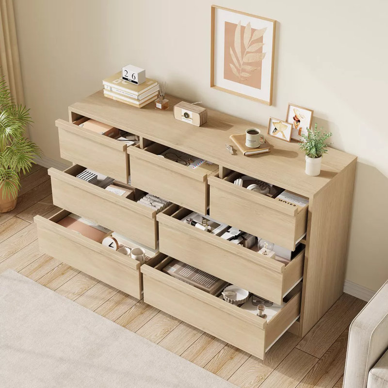 Commode à 7 tiroirs de 54 po pour chambre à coucher, commode double moderne avec rangement, commode en bois pour chambre à coucher