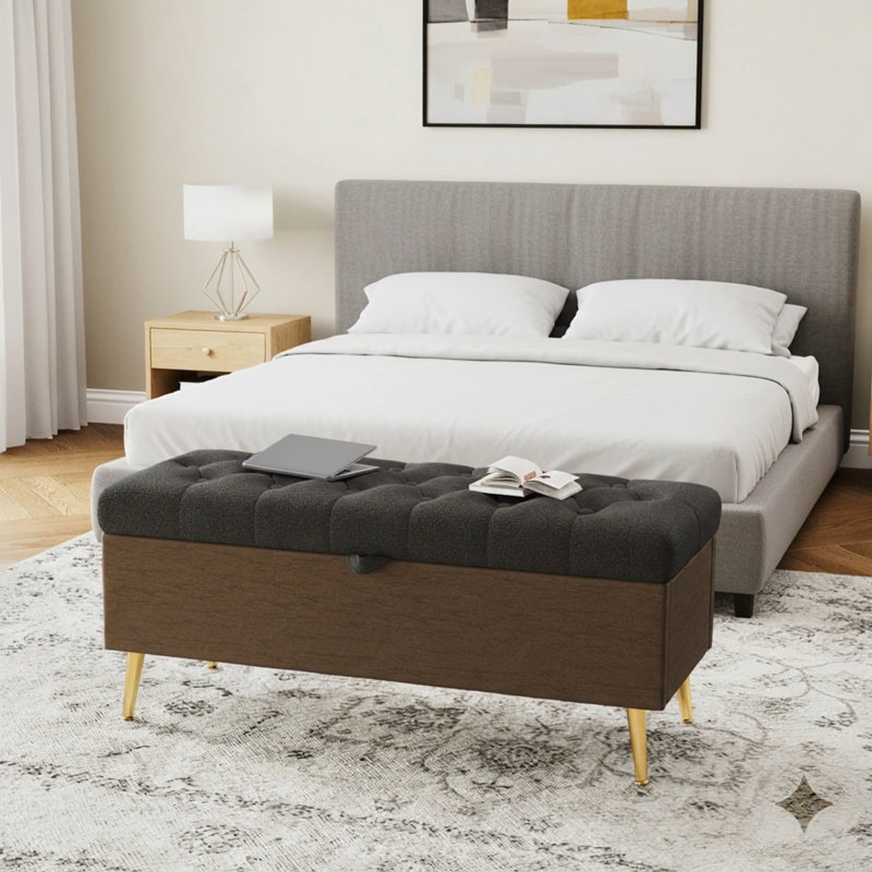 Banc de rangement rembourré avec couvercle relevable, Gris