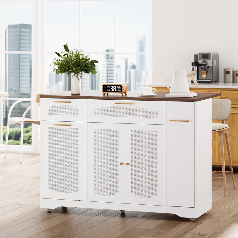 Rattan Rolling Kitchen Island Cart with Drop-Leaf Countertop, Tilt-Out Trash Can Cabinet, 2-Door Storage, Drawers, and Spice Rack