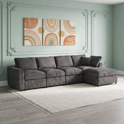 4-Seat Modular Chenille Sectional Sofa with Movable Ottoman, Removable Cushions and Throw Pillow