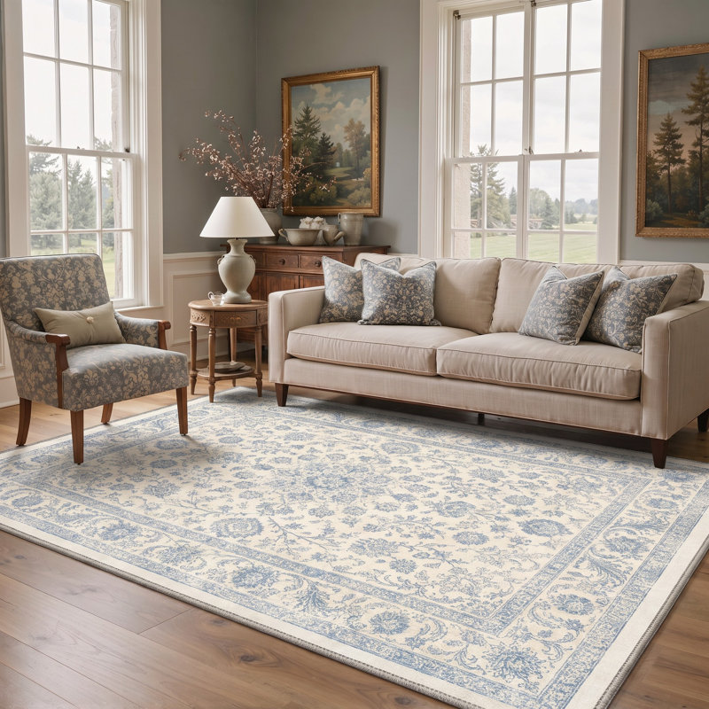 Tapis oriental ivoire / bleu lavable à la machine avec envers antidérapant, Rectangle 9 pi x 12 pi