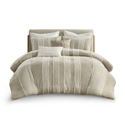 Taupe Full/Queen 3 Piece Comforter Group - 100% Cotton, Alternating Stripes, Filling, Trim, Maintains , Washable Intrigue,