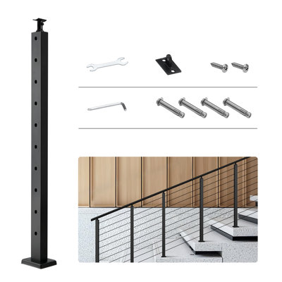 Cable Railing Post, 36x1x2 Inch Stair Railing Post, with Pre-Drilled 30° Angled Holes, Stainless Steel Cable Rail Post with Horizontal and Curved Bracket, 1-Pack, Black,