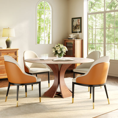 Table de salle à manger Mid-Century ronde avec plateau en pierre frittée et base en bois massif pour 2 à 6 personnes