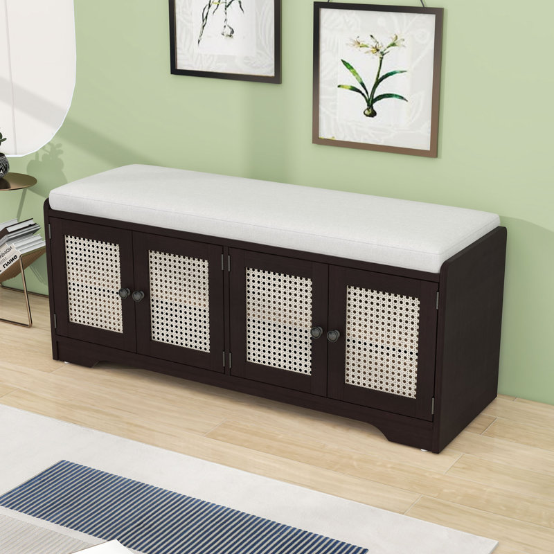Banc de rangement rustique avec portes en rotin tissé, tablettes réglables et coussin amovible pour le vestibule, Espresso