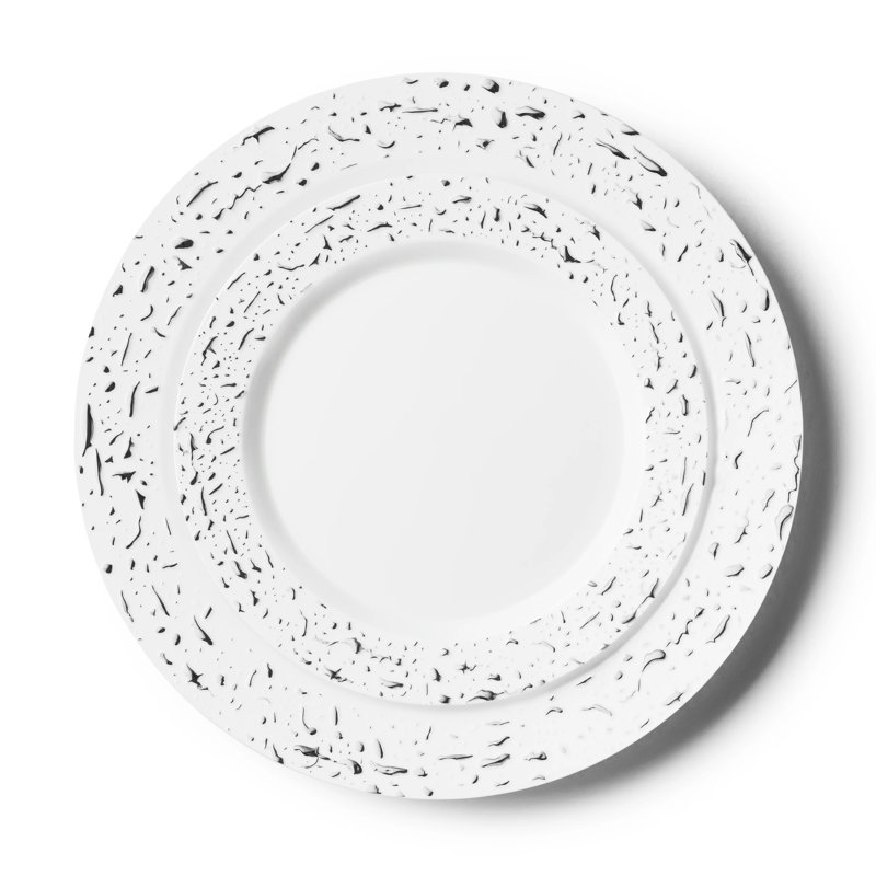 Disposable White Round Plastic Plates 7 inches- Pebbled, White/Gold