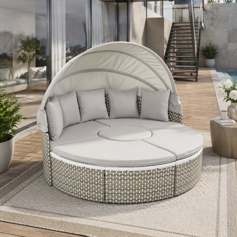 Ensemble de canapé modulaire d'extérieur rond en rotin à deux tons avec auvent rétractable, Gray