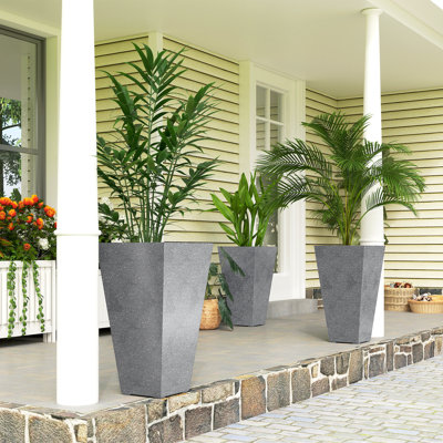 Ensemble de 3 grandes jardinières grises, finition en marbre plastique, décoration intérieure / extérieure