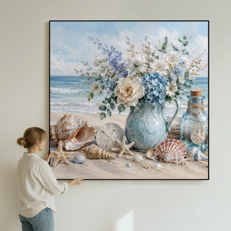 Très grand art mural imprimé sur tissu - Vase floral côtier bleu décor de chambre de ferme - "Assemblage requis (cadre non fini)"