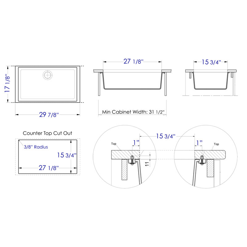Évier de cuisine encastrable en granite l 30 po x l 17 po, Titane