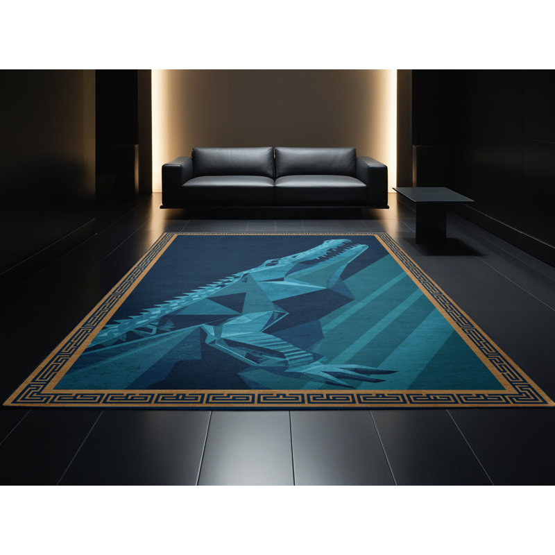 Tapis géométrique rustique bleu lavable à la machine Hamilton Sobek, 6 X 9
