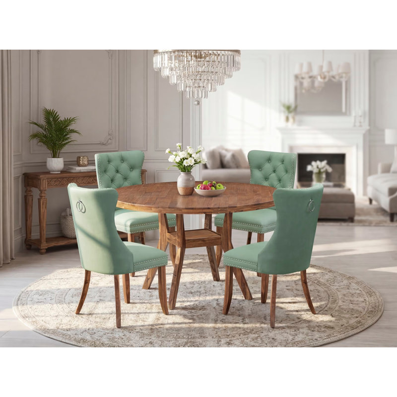 Cet ensemble de table de salle à manger 5 pièces comprend une table de salle à manger et 4 chaises rembourrées en tissu de polyester vert saule avec dossier capitonné, noyer antique