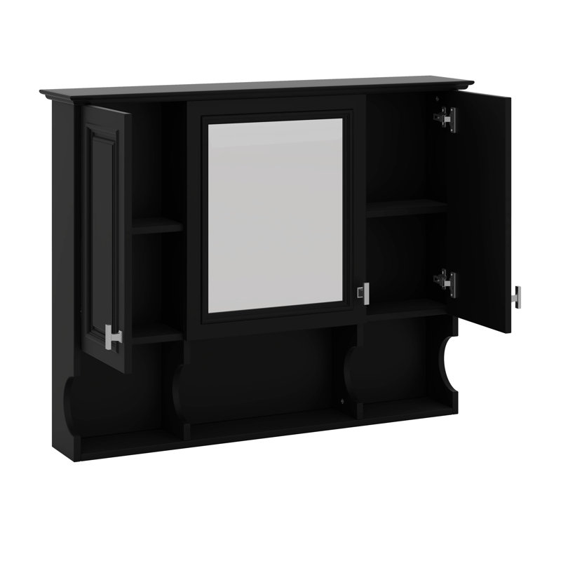 Armoire à pharmacie murale, armoire de salle de bain moderne avec miroir, tablettes ouvertes, Noir