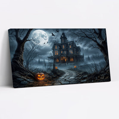 Toile gothique de maison hantée sous la pleine lune avec art d'Halloween sur toile