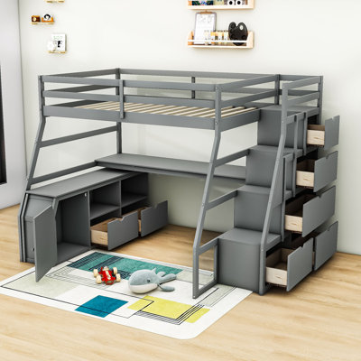 Humira Full Size Wooden Loft Bed With Built-In Desk, Storage Drawers And Shelves