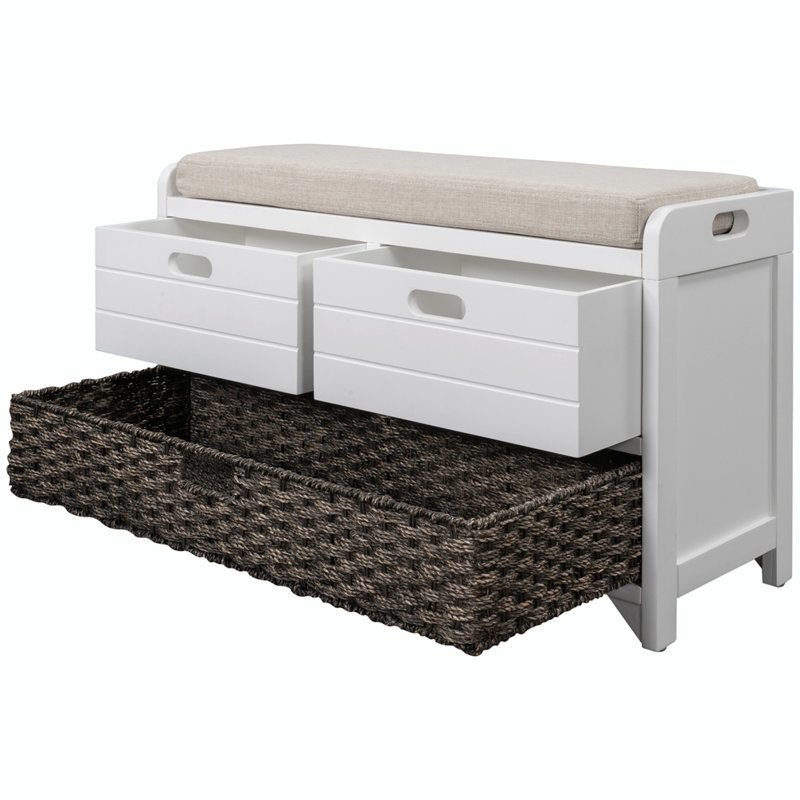 Banc de rangement à chaussures polyvalent en bois avec panier amovible et 2 tiroirs, Blanc