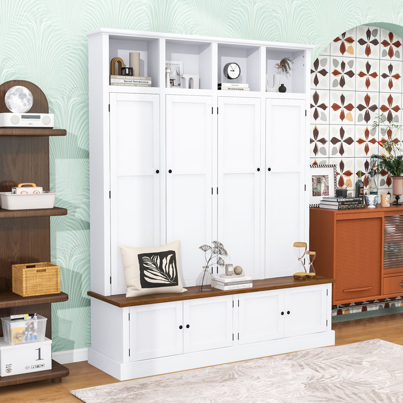Hall Tree with Storage Bench, Hooks and Cabinets, White
