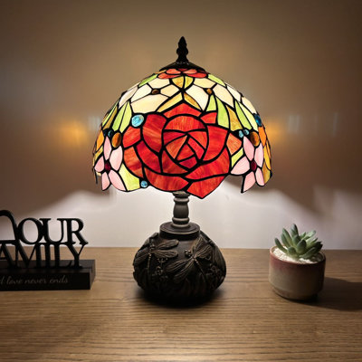 Lampe de table Harumi Tiffany en verre teinté orange rouge à base de libellule DEL l 10 po x P 10 po x H 14 po