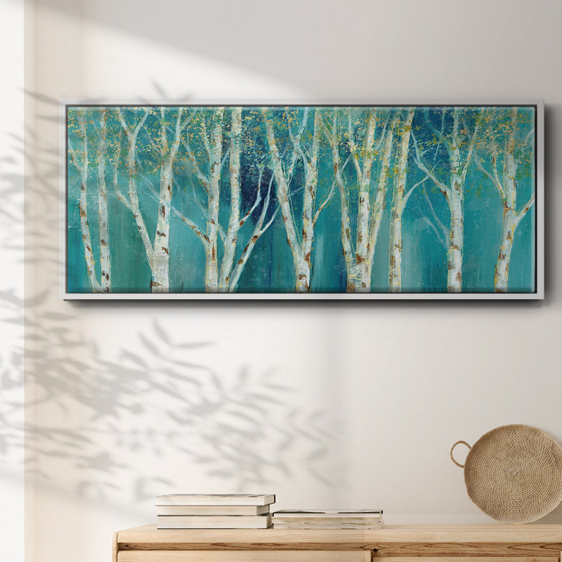 Birch on Blue- Framed Canvas, 8" H x 20" W