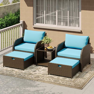 Ensemble de conversation extérieur 5 pièces en résine tressée pour terrasse - 2 fauteuils, 2 poufs escamotables et table basse en verre - Rotin PE résistant aux intempéries, assises rembourrées pour porche/jardin
